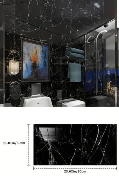 MOBEE 60x30 cm Siyah Mermer Desenli Alüminyum Plastik Duvar Sticker - Su, Yağ...