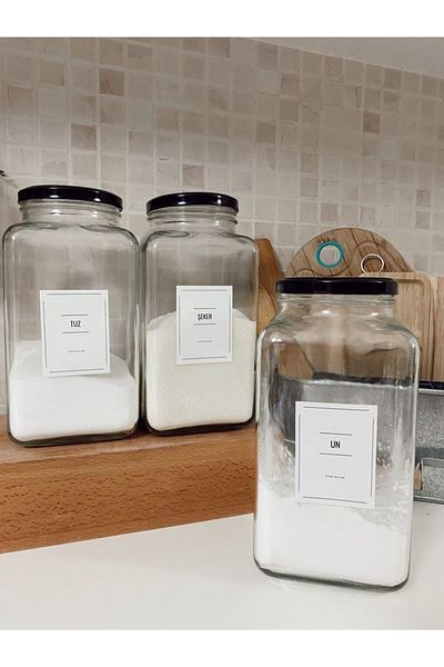 SİDERDESİNG 3-Piece Decorative Glass Kitchen and Flour Salt Sugar Organizer - 3000Cc Volume, Black Lid