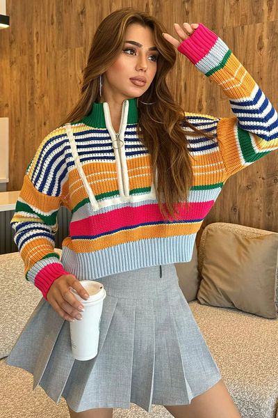 GÜLSELİ Green Striped Sweater - Half Zipper