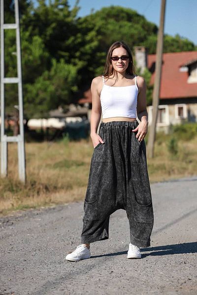AYASOFYA OTANTIK Black Loose Cotton Knitwear Trousers - Bag Pocket Detail and Wide Leg