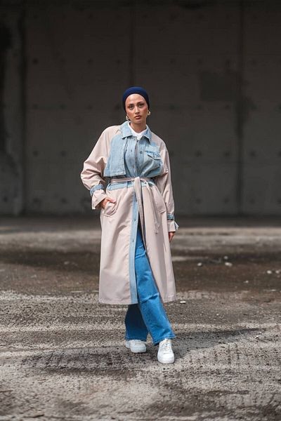 Molly Nelly Women's Jeans Detailed Cream Trench Coat