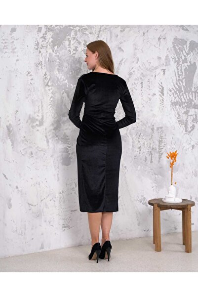 CİXAPLE Kruvaze Yaka Kadife Abiye Elbise