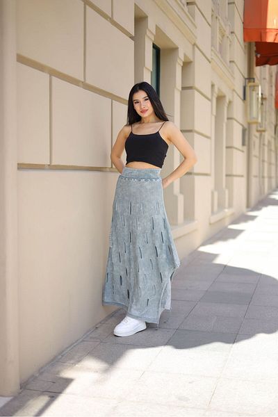 AYASOFYA OTANTIK Gray Cotton Knitwear Women's Skirt - Elastic Waist, Lined and Side Gathered