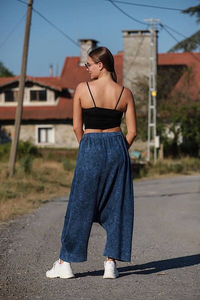 AYASOFYA OTANTIK Navy Blue Loose Cotton Knitwear Women's Trousers - Bag Pocket Detail and Vintage Wide Leg