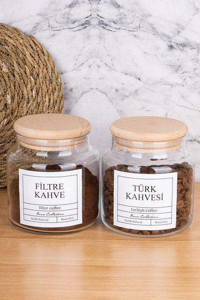 MODA OZY 2li 500ml Ahşap Kapaklı Türk Kahvesi &Filtre Kahve Etiketli Kavanoz Cam Saklama Kabı