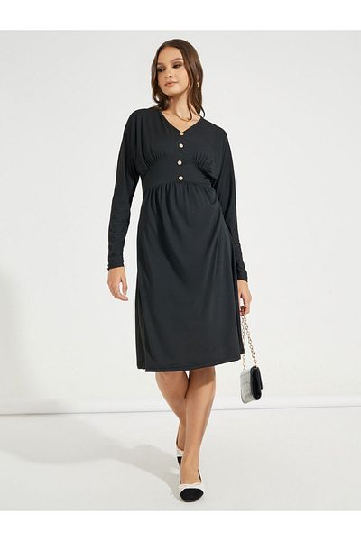 Take Two By Styli Solid Button Front Long Sleeve Knee Length Dress