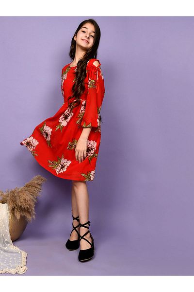 LilPicks By Styli Floral Print Cold Shoulder Dress
