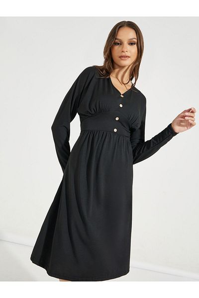 Take Two By Styli Solid Button Front Long Sleeve Knee Length Dress