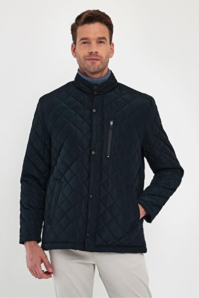 SİVAİST Мъжко тъмно синьо палто с стандартна кройка, подплатено с кожа, с яка с копчета, подплатено, с шарки