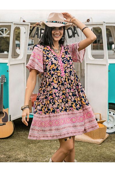 Russty Dustty By Styli Floral Print V Neck A-Line Knee Length Dress