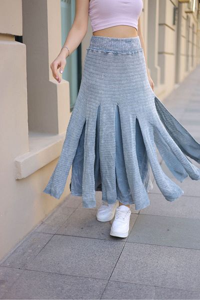 AYASOFYA OTANTIK Gray Cotton Knitwear Women's Skirt - Elastic Waist and Lined