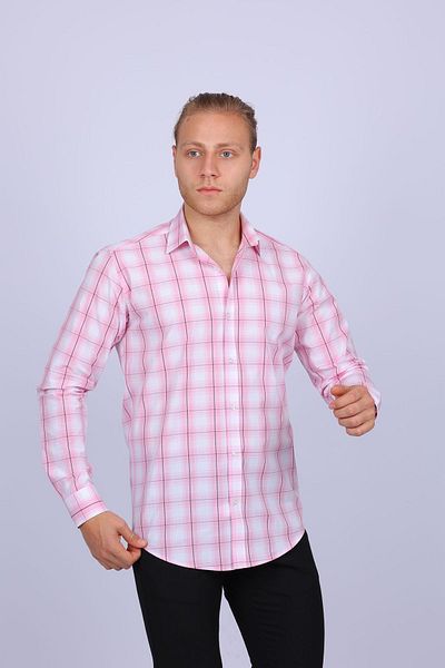 TOUSUS Ανδρικό πουκάμισο Slim Fit καρό ροζ Slm-5014-tss