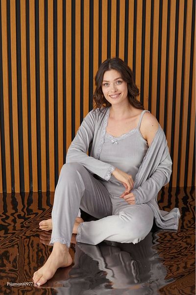 Pijamoni Velvet 3-Piece Pijamonı Strappy Women's Pajamas Set - 5545 Light Gray