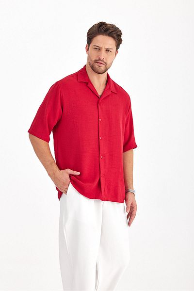 Gray Clothing Men's Summer Shirt Textured Loose Fit Short Sleeve Summer Oversize Men's Shirt Burgundy