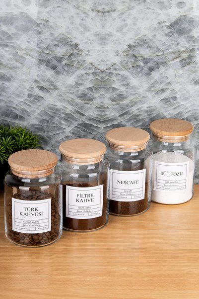 MODA OZY 4-Piece 800ml Wooden Lid Turkish Coffee & Filter Coffee & Nescafe & Milk Powder Label Jar Glass Storage Container