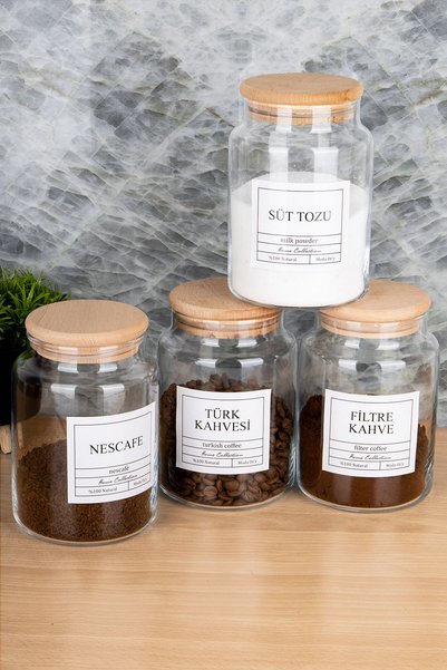 MODA OZY 4-Piece 800ml Wooden Lid Turkish Coffee & Filter Coffee & Nescafe & Milk Powder Label Jar Glass Storage Container