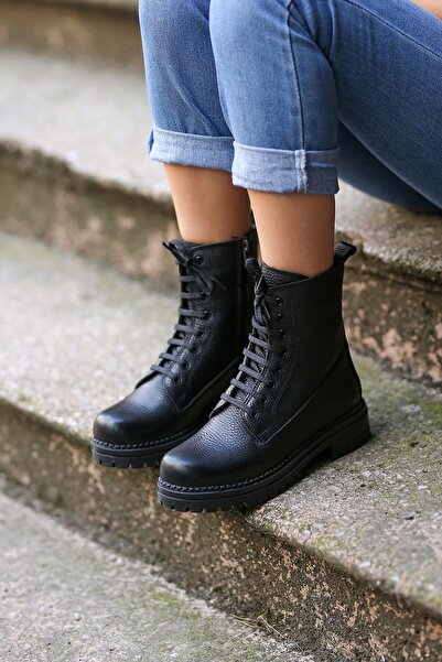 EREN SHOES BAG KİA Siyah Gerçek Deri Bağcık Detaylı Fermuarlı Bot