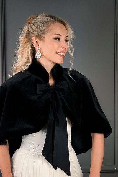 SeddA Black Fur Etol Bridal Invitation Bolero Shawl - Long Bow Poncho Jacket