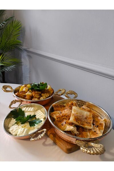 KAVELE Lüx Kalın Bakır Sahan Dövme Tava Seti 3'lü 16-18-20 Cm