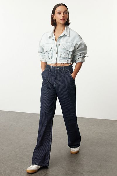 Trendyol Collection Ψηλόμεσο σκούρο μπλε ριγέ φαρδύ τζιν - Twoaw25Je00062