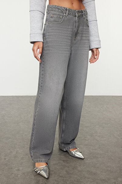 Trendyol Collection Szürke derékcsat magas derekú hordós baggy farmer TWOAW25JE00240
