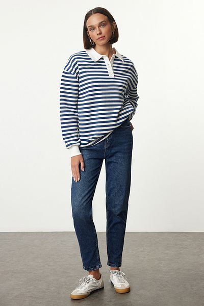 Trendyol Collection Blau gestreiftes Oversize-Sweatshirt mit Polokragen - Dickes Fleece innen TWOAW24SW00344