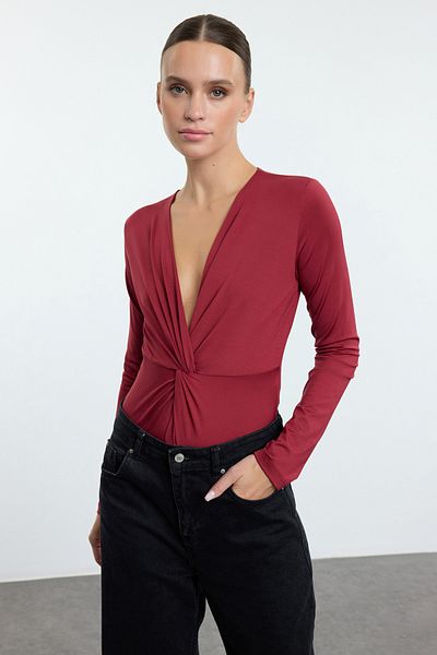 Trendyol Collection Body tricotat elastic - Claret Red Twist Detaliat, Se potrivește pe corp, Snap pe partea inferioară TWOAW25BD00016
