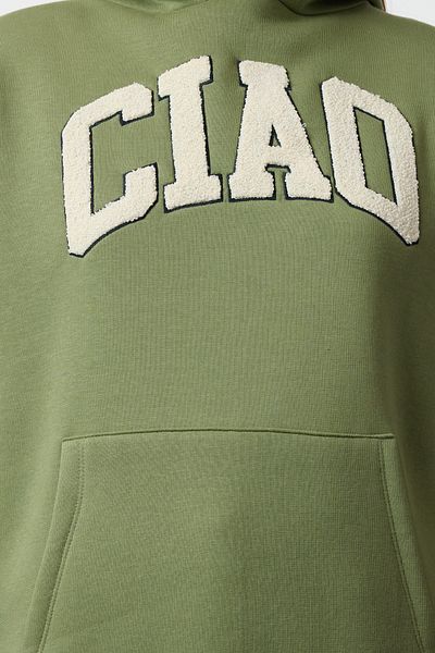 Trendyol Collection Φούτερ GreenOversizeFleece- Hooded,SloganPrint,Hick Inner Twoaw25sw00075