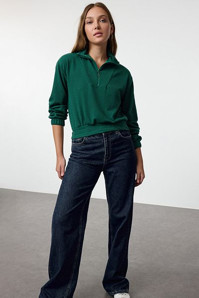 Trendyol Collection Hanorac crop tricotat verde smarald cu fermoar cu guler ridicat - TWOAW25SW00262