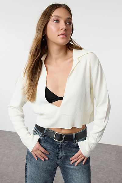 Trendyol Collection Polo Collar Ecru Thin Knitwear Crop Sweater - Twoaw25Kz00041