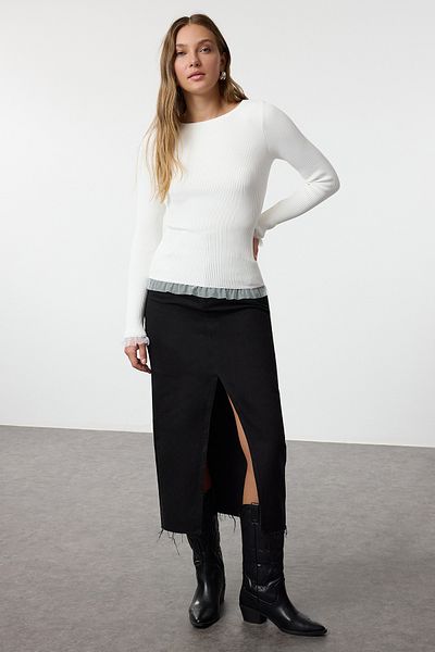 Trendyol Collection Thin Knitwear Sweater - Ecru Tulle Detailed, Twoaw25Kz00124