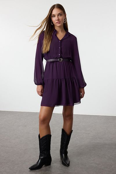 Trendyol Collection Μωβ φούστα με ζώνη με άνοιγμα στη μέση Μίνι φόδρα σιφόν υφαντό χειμερινό φόρεμα TWOAW25EL00180
