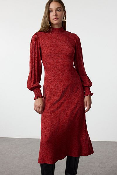 Trendyol Collection Rochie țesătă midi cu buline burgundă cu deschidere la talie TWOAW25EL00369