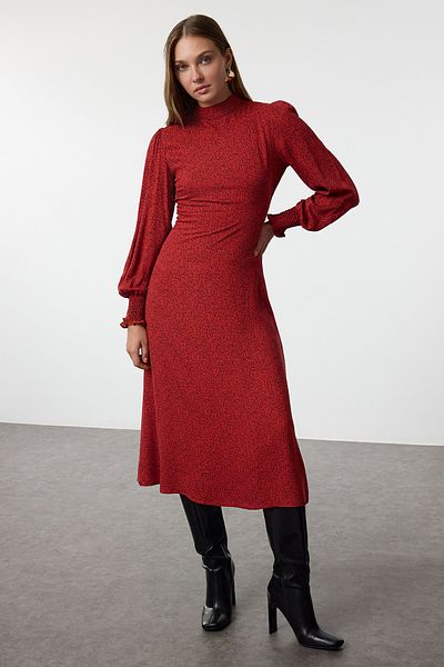 Trendyol Collection Rochie țesătă midi cu buline burgundă cu deschidere la talie TWOAW25EL00369