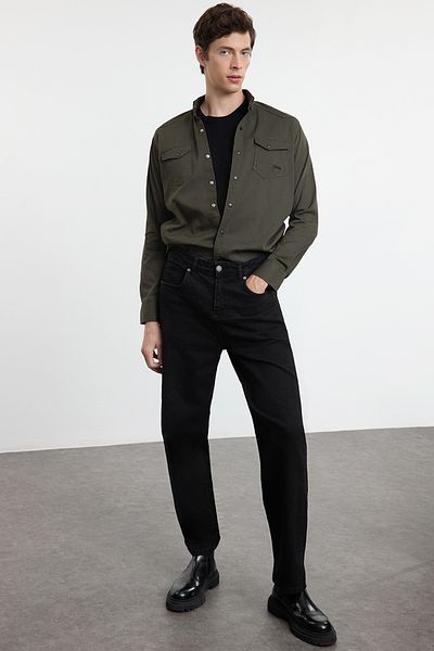 Trendyol Collection Σκούρο χακί κανονικό τζιν πουκάμισο με διπλή τσέπη TMNSS24GO00081