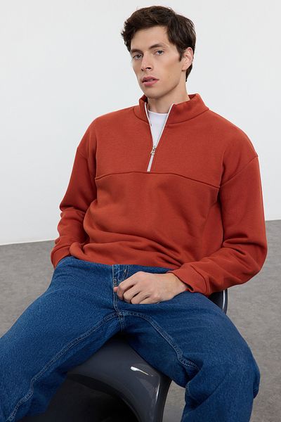 Trendyol Collection Φούτερ Fleece με φερμουάρ σε χρώμα τούβλο - Stand Collar TMNAW25SW00031