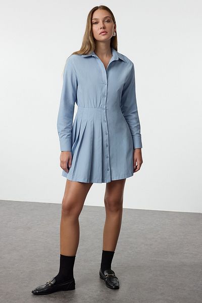 Trendyol Collection Rochie cămașă mini albastră simplă - Detaliu baterie, țesut, TWOAW25EL00472