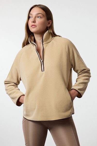 Trendyol Collection Χειμερινό πλεκτό αθλητικό φούτερ με φερμουάρ από πέτρα και λεπτομέρεια σωληνώσεων THMAW25SW00002