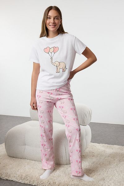 Trendyol Collection Set de pijamale albe, 3 pachete, 100% bumbac, tricotate cu elefant și inimă THMAW25PT00095