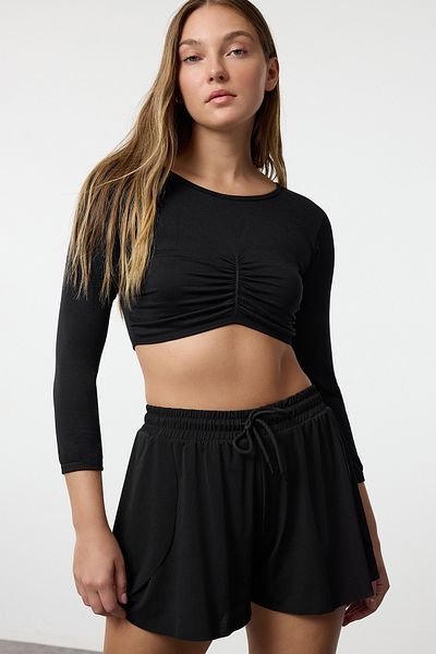 Trendyol Collection Seamless Super Crop Sports Top - Drawstring Detail, Black Knitted Thmaw25Bz00007