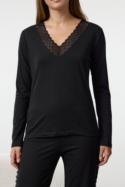 Trendyol Collection Μαύρο 100% βαμβακερό δαντέλα πλεκτό σετ πιτζάμες THMAW25PT00096