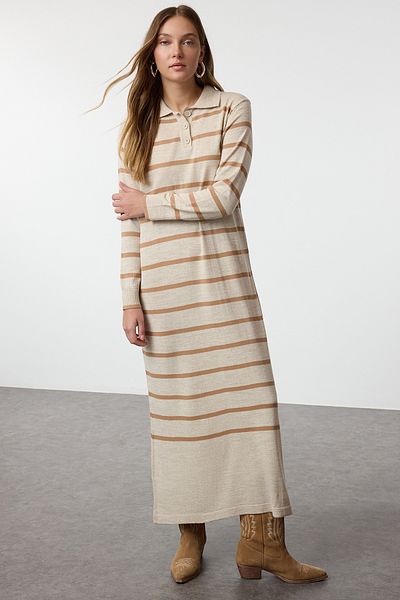 Trendyol Modest Stone Polo gombos galléros csíkos kötöttáru ruha TCTAW22EB0212