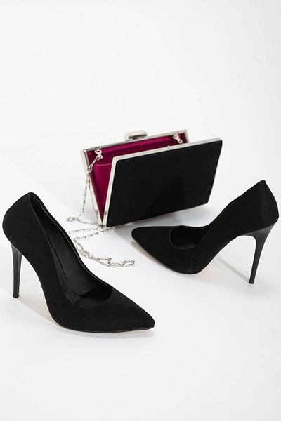 GULT Women's Thin High Heels Stiletto and Bag Set Black Suede