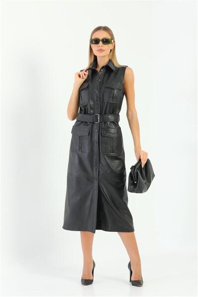 Felix Hardy Cep Ve Kemer Detaylı Kadın %100 Hakiki Deri Elbise - Siyah
