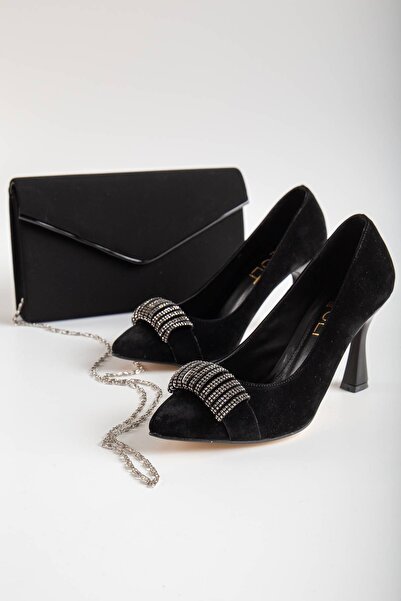 GULT Kadın 9 cm Topuklu Siyah Süet Çanta Kombinli Stiletto Takımı
