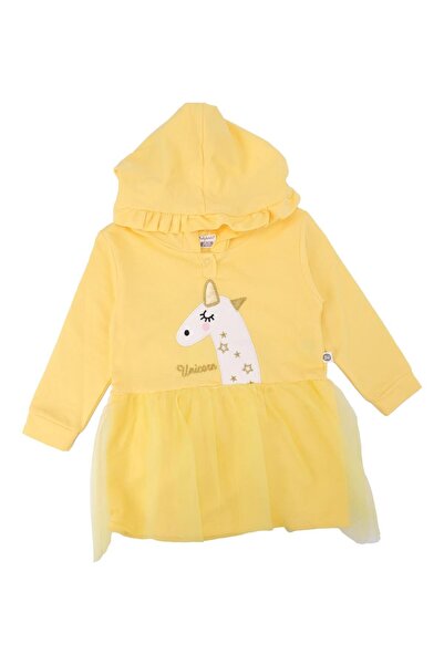 Bebelop Kız Bebek Unicorn Baskılı Kapüşonlu Penye Tüllü Elbise