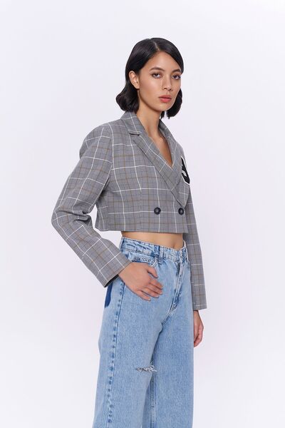 Quzu Γκρι Crop Blazer Jacket - Διπλά κουμπιά και καρό