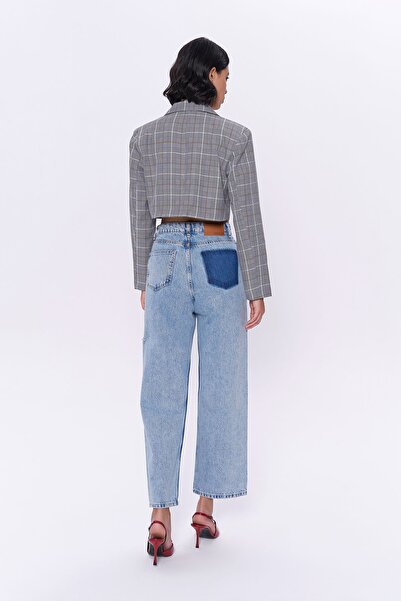 Quzu Γκρι Crop Blazer Jacket - Διπλά κουμπιά και καρό