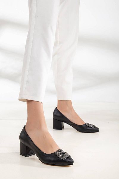 GULT Damă Clasic Cu Toc Gros Piatră Neagră Mat 5 cm Stiletto