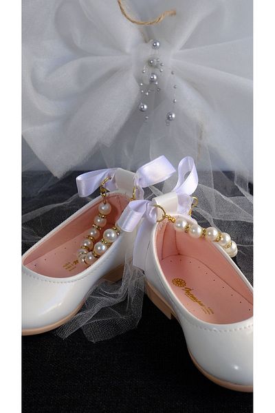Pabrik Girl's Shiny White Ankle Pearl Ballet Flats
